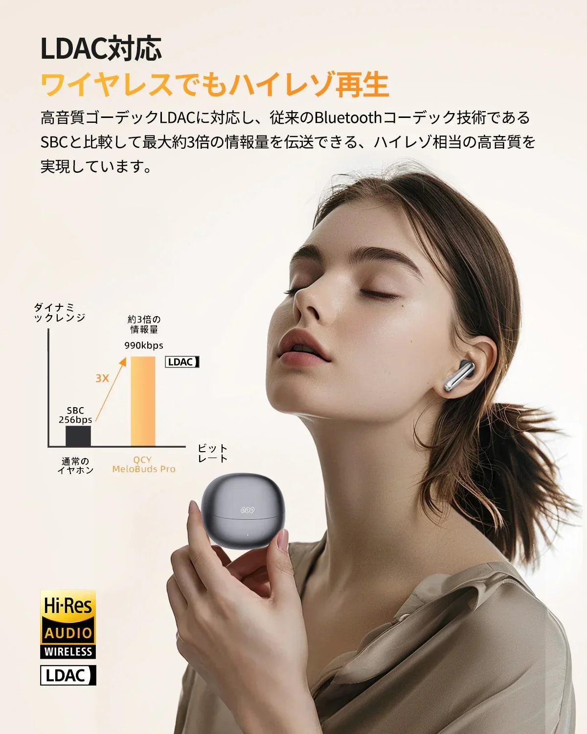 LDAC対応ワイヤレスイヤホンでハイレゾ音質を楽しむ女性。QCY MeloBuds Pro。