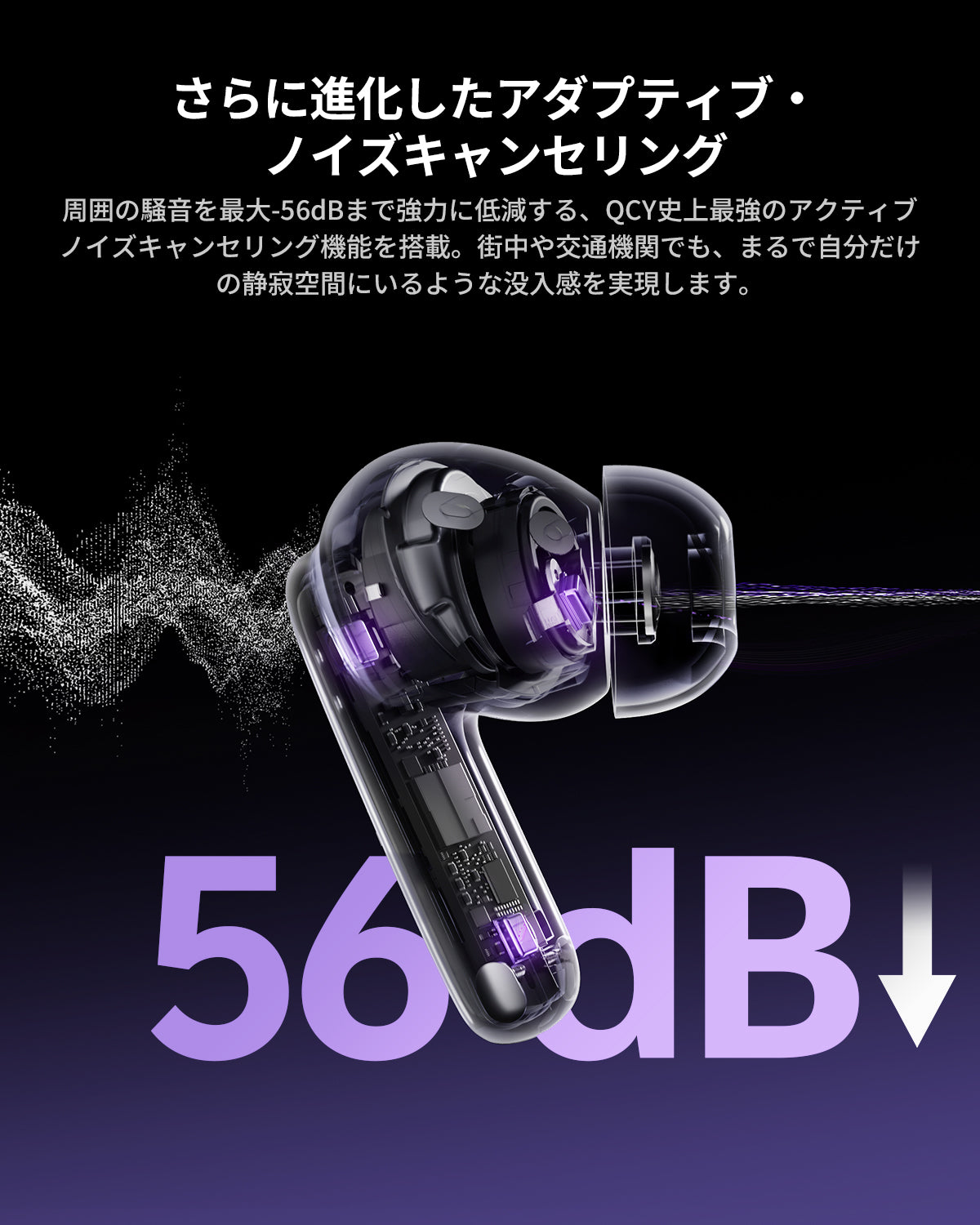 ノイズキャンセリングイヤホン 56dB低減 透明デザインで内部構造可視