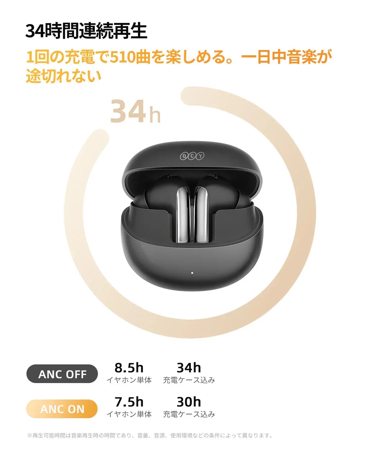QCYワイヤレスイヤホン、34時間連続再生、ANC機能付き、充電ケース入り