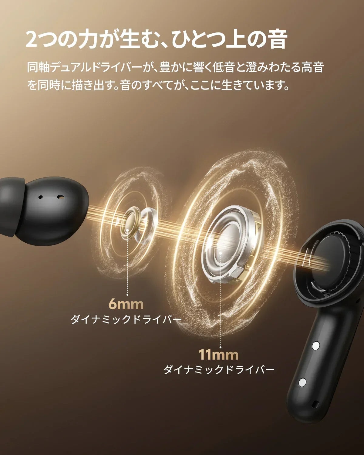 ワイヤレスイヤホンの6mmと11mmダイナミックドライバーで高音質再生