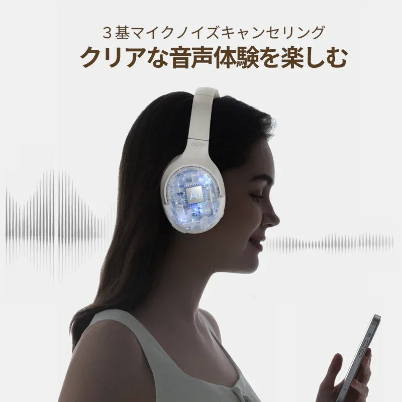 AI搭載ノイズキャンセリングヘッドホンでクリアな音声体験を楽しむ女性