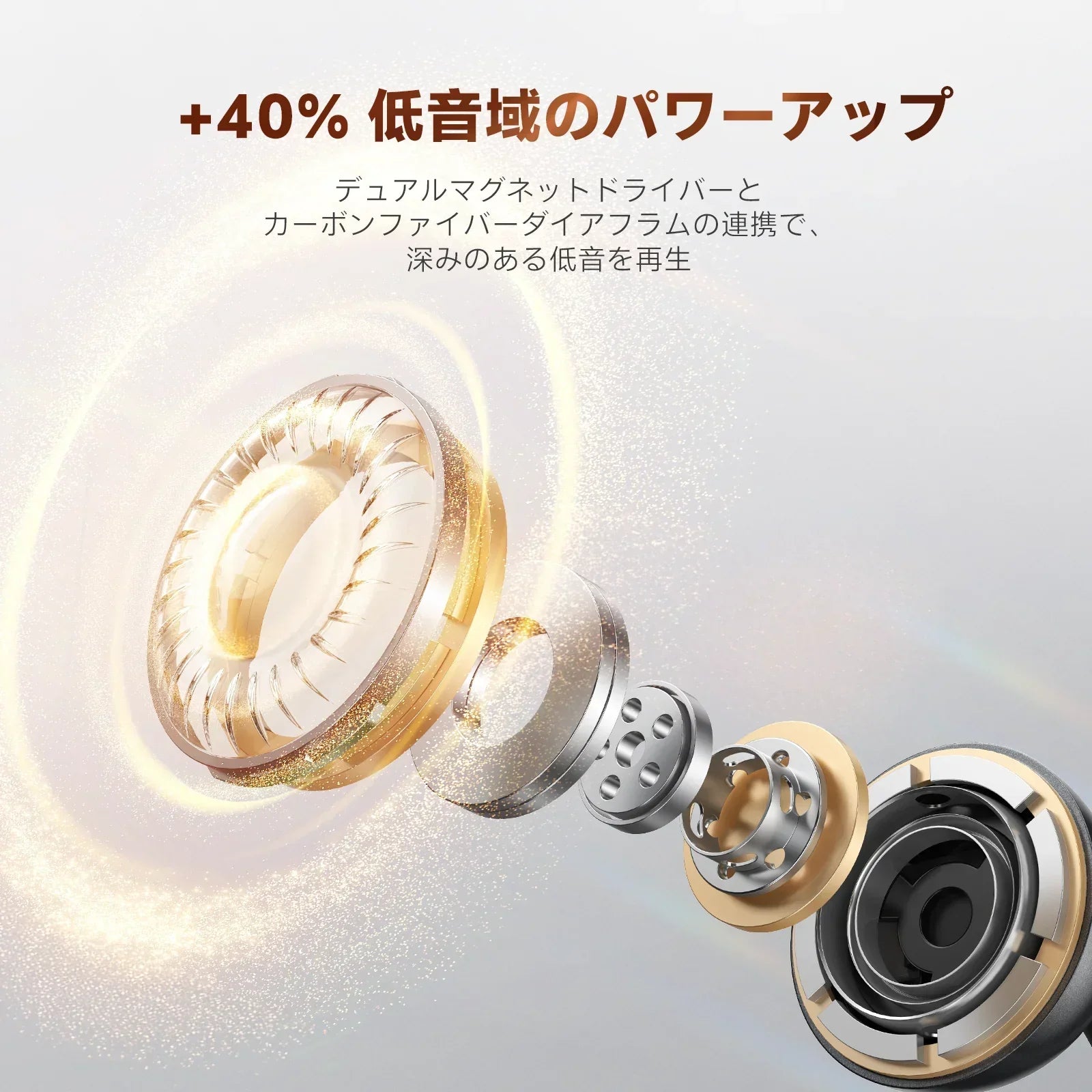 QCY Crossky C50 イヤホン ドライバー内部構造 低音強化 +40% デュアルマグネットとカーボンファイバー振動板で深みある低音再生