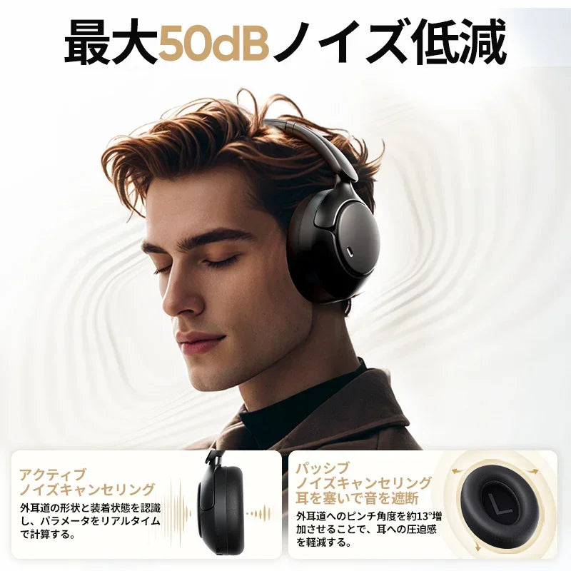 最大50dBノイズ低減のワイヤレスヘッドフォン。アクティブ・パッシブノイズキャンセリング搭載。