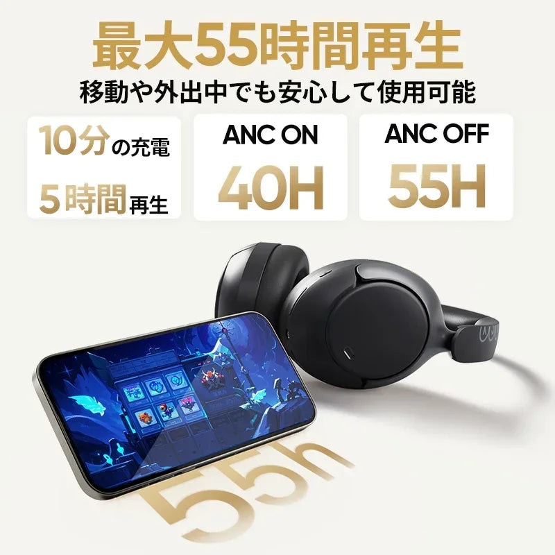 ANC対応ワイヤレスヘッドホン、最大55時間再生、10分充電で5時間使用可能、スマホと併用