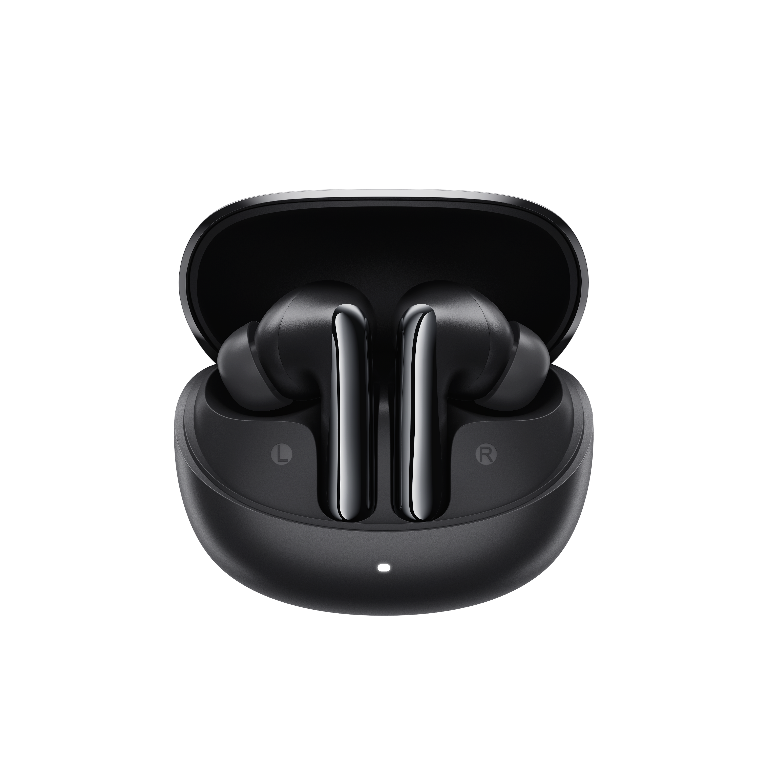 黒いワイヤレスイヤホンと充電ケース。LとRのマーク付き。