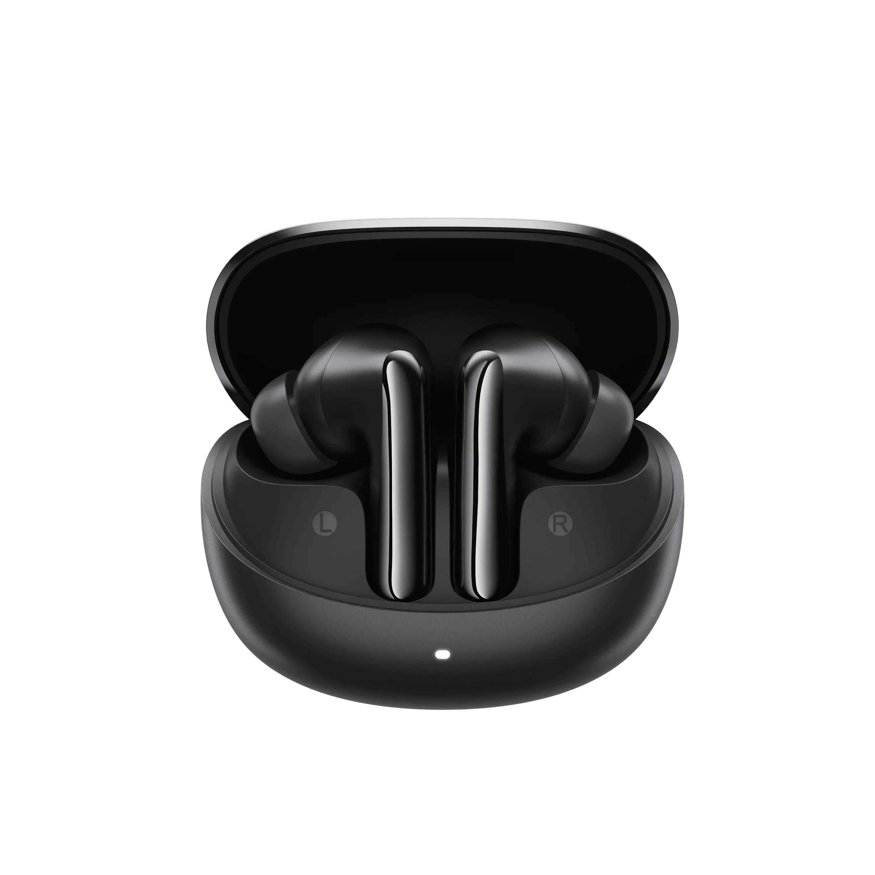 黒いワイヤレスイヤホンと充電ケース。LとRのマーク付き。