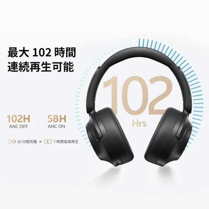 最大102時間連続再生可能、ANCオフ時102H、ANCオン時58Hのワイヤレスヘッドフォン
