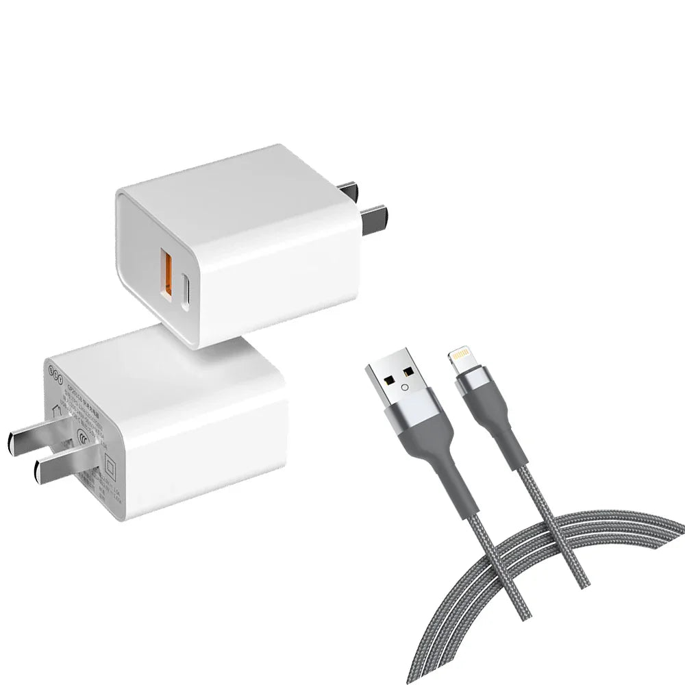 白いUSB充電器とグレーのLightningケーブル、急速充電対応